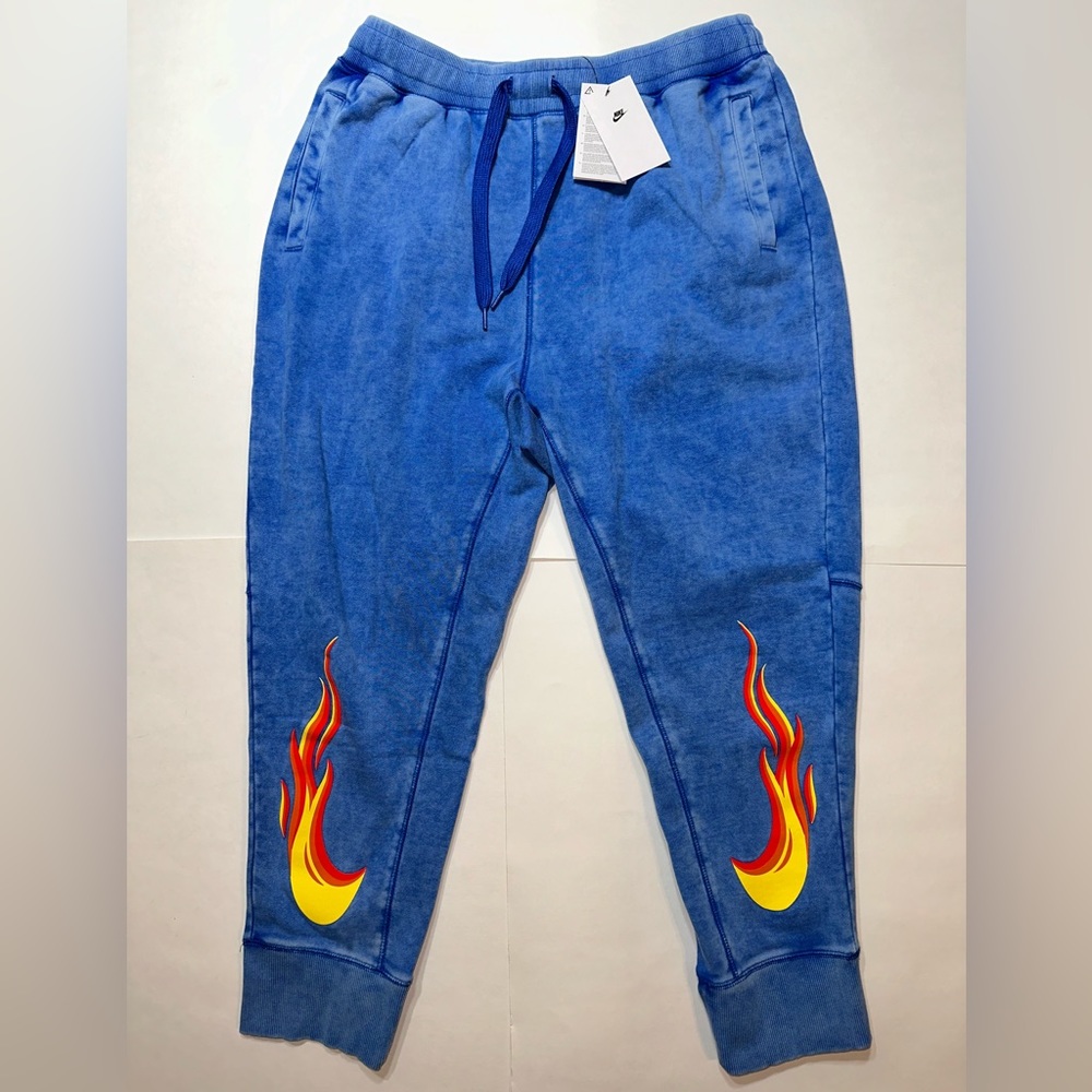 New Nike Men’s Large Game Royal Blue Jogger Sweatpants Flames Graphics Taper Leg
